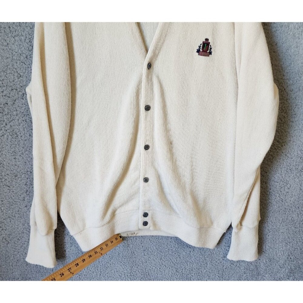 VTG Izod Cream Crest Logo Button Front Cardigan Sweater Size XL USA Made Acrylic - Picture 12 of 16